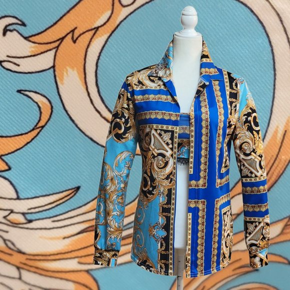 Versace style 3 Piece Stretchy Ensemble Jacket Crop Top Pant Medusa chic - Picture 7 of 16